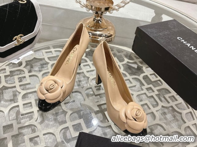 Most Popular Chanel Lambskin & Patent Leather Pumps 8.5cm with Camellia Bloom CH030704 Beige 2026