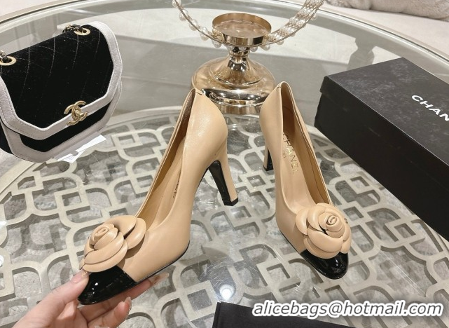 Most Popular Chanel Lambskin & Patent Leather Pumps 8.5cm with Camellia Bloom CH030704 Beige 2026