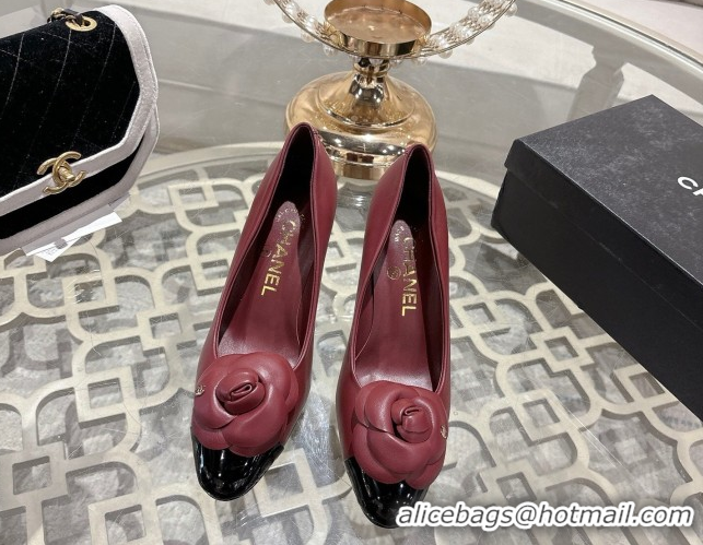 Good Looking Chanel Lambskin & Patent Leather Pumps 8.5cm with Camellia Bloom CH030704 Burgundy 2026