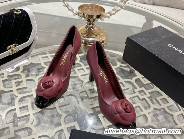 Good Looking Chanel Lambskin & Patent Leather Pumps 8.5cm with Camellia Bloom CH030704 Burgundy 2026