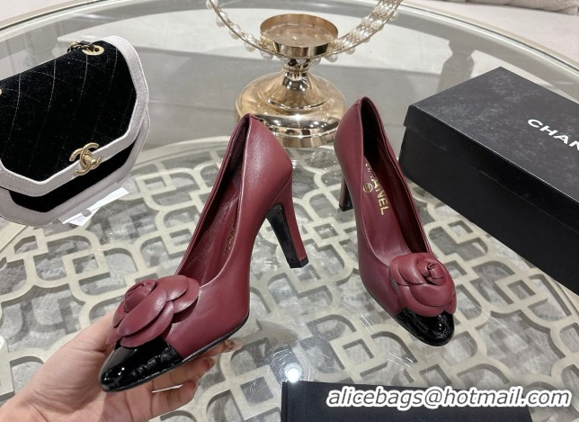 Good Looking Chanel Lambskin & Patent Leather Pumps 8.5cm with Camellia Bloom CH030704 Burgundy 2026