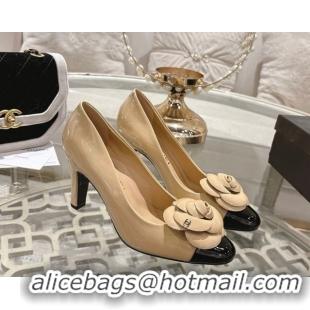 Popular Style Chanel Lambskin & Patent Leather Pumps 8.5cm with Camellia Bloom CH030704 Beige 2026