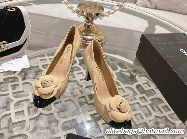 Popular Style Chanel Lambskin & Patent Leather Pumps 8.5cm with Camellia Bloom CH030704 Beige 2026