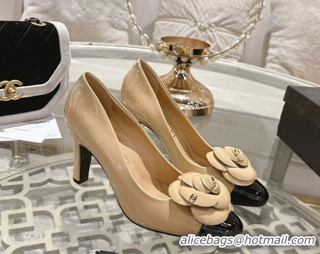 Popular Style Chanel Lambskin & Patent Leather Pumps 8.5cm with Camellia Bloom CH030704 Beige 2026