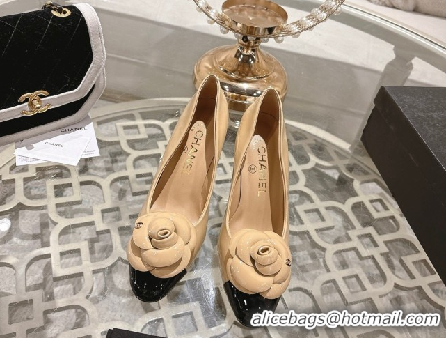 Popular Style Chanel Lambskin & Patent Leather Pumps 8.5cm with Camellia Bloom CH030704 Beige 2026