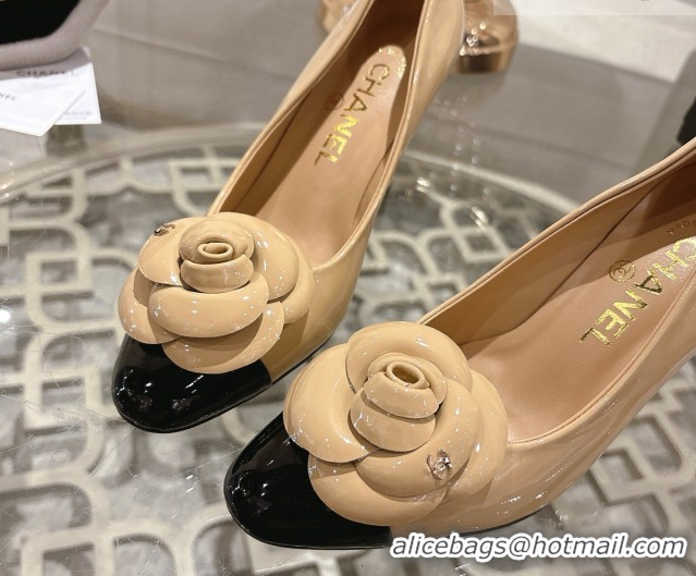 Popular Style Chanel Lambskin & Patent Leather Pumps 8.5cm with Camellia Bloom CH030704 Beige 2026