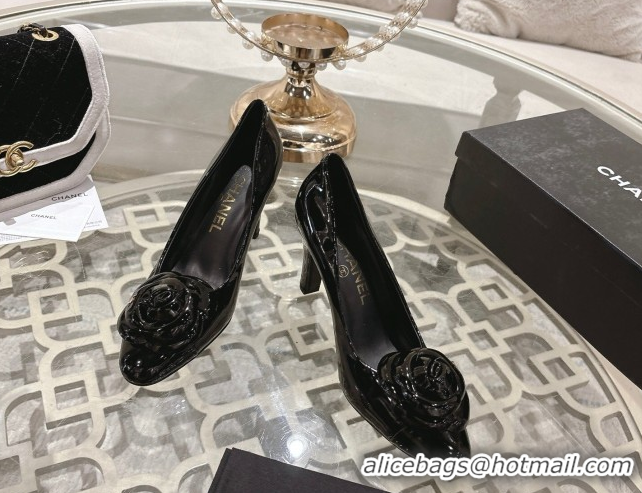 Charming Chanel Calfskin Patent Leather Pumps 8.5cm with Camellia Bloom CH030704 Black 2026