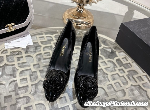 Charming Chanel Calfskin Patent Leather Pumps 8.5cm with Camellia Bloom CH030704 Black 2026
