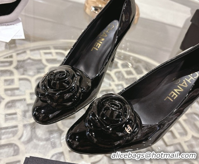 Charming Chanel Calfskin Patent Leather Pumps 8.5cm with Camellia Bloom CH030704 Black 2026