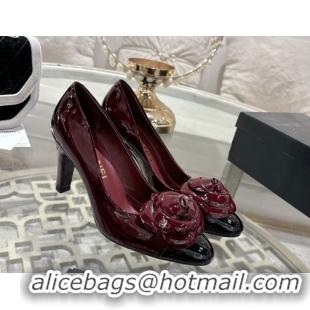 Durable Chanel Calfskin Patent Leather Pumps 8.5cm with Camellia Bloom CH030704 Burgundy 2026