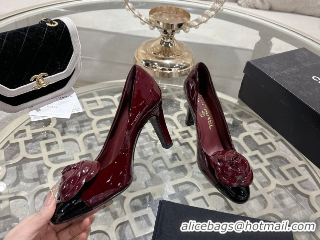Durable Chanel Calfskin Patent Leather Pumps 8.5cm with Camellia Bloom CH030704 Burgundy 2026