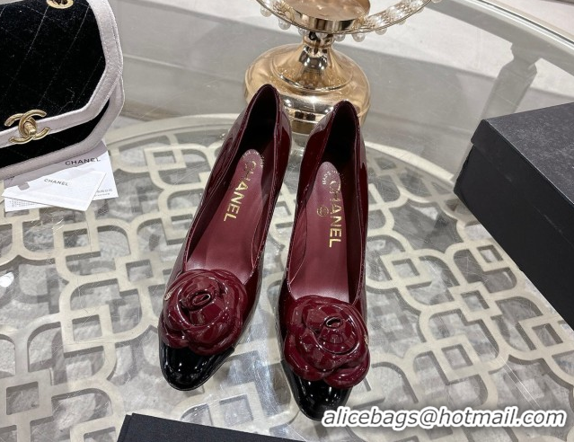 Durable Chanel Calfskin Patent Leather Pumps 8.5cm with Camellia Bloom CH030704 Burgundy 2026