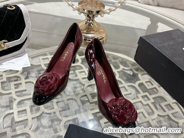 Durable Chanel Calfskin Patent Leather Pumps 8.5cm with Camellia Bloom CH030704 Burgundy 2026