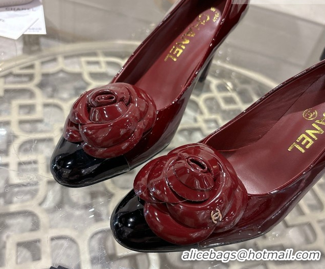 Durable Chanel Calfskin Patent Leather Pumps 8.5cm with Camellia Bloom CH030704 Burgundy 2026