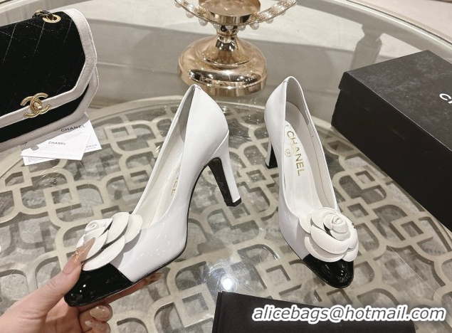 Popular Style Chanel Calfskin Patent Leather Pumps 8.5cm with Camellia Bloom CH030704 White 2026