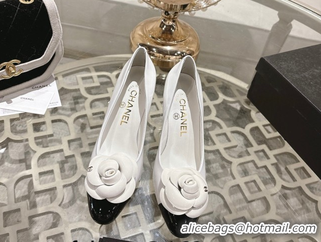 Popular Style Chanel Calfskin Patent Leather Pumps 8.5cm with Camellia Bloom CH030704 White 2026