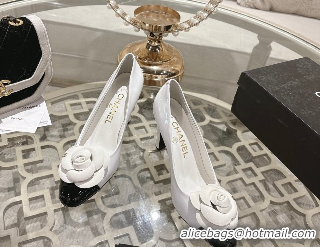 Popular Style Chanel Calfskin Patent Leather Pumps 8.5cm with Camellia Bloom CH030704 White 2026