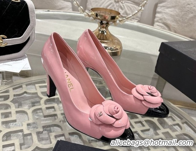 Good Quality Chanel Calfskin Patent Leather Pumps 8.5cm with Camellia Bloom CH030704 Pink 2026