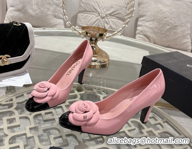 Good Quality Chanel Calfskin Patent Leather Pumps 8.5cm with Camellia Bloom CH030704 Pink 2026