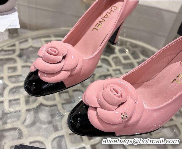 Good Quality Chanel Calfskin Patent Leather Pumps 8.5cm with Camellia Bloom CH030704 Pink 2026