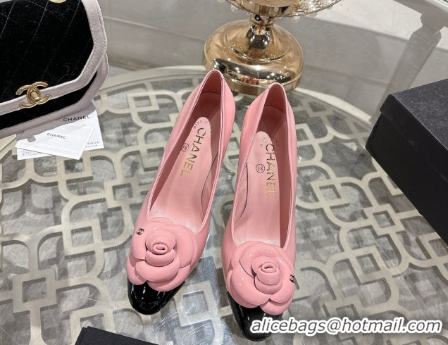 Good Quality Chanel Calfskin Patent Leather Pumps 8.5cm with Camellia Bloom CH030704 Pink 2026