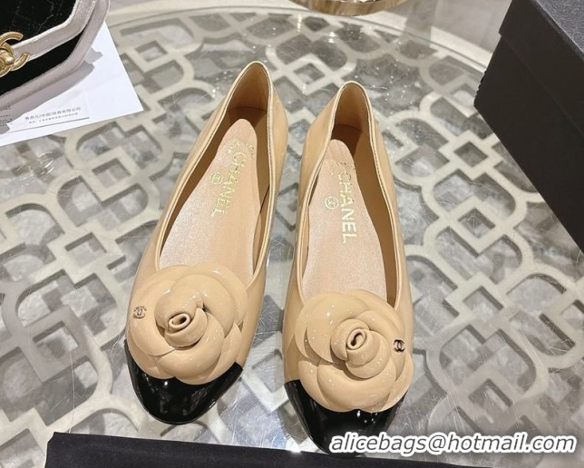 Best Grade Chanel Calfskin Patent Leather Pumps 8.5cm with Camellia Bloom CH030704 Beige 2026