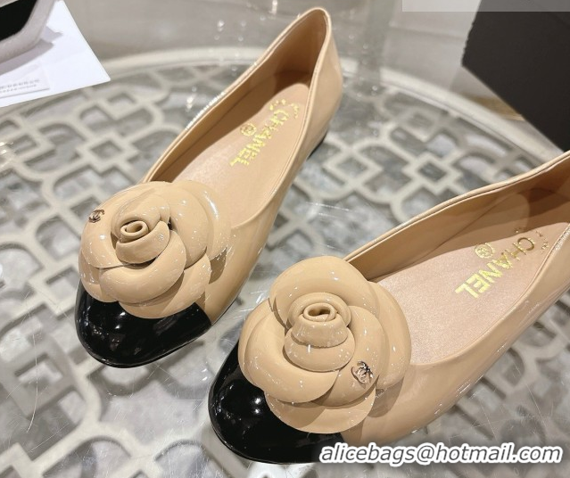 Best Grade Chanel Calfskin Patent Leather Pumps 8.5cm with Camellia Bloom CH030704 Beige 2026