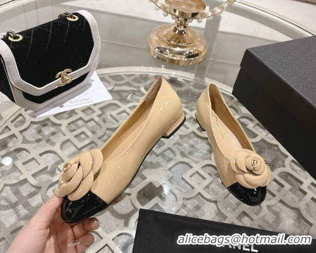 Best Grade Chanel Calfskin Patent Leather Pumps 8.5cm with Camellia Bloom CH030704 Beige 2026