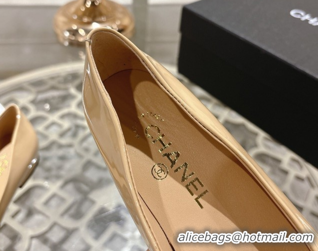 Best Grade Chanel Calfskin Patent Leather Pumps 8.5cm with Camellia Bloom CH030704 Beige 2026