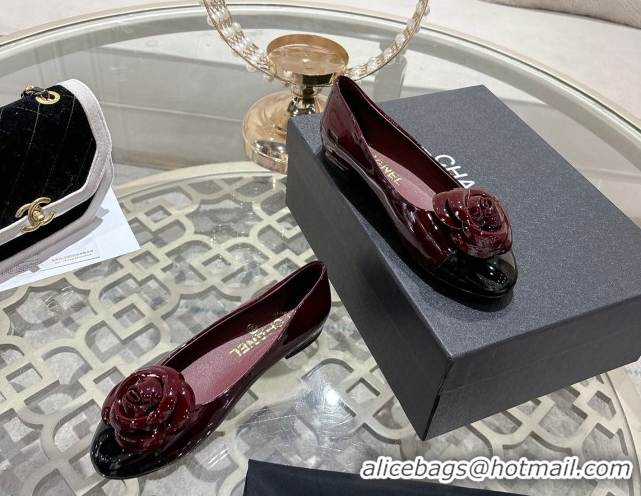 Unique Style Chanel Calfskin Patent Leather Ballet Flats with Camellia Bloom CH030704 Burgundy 2026