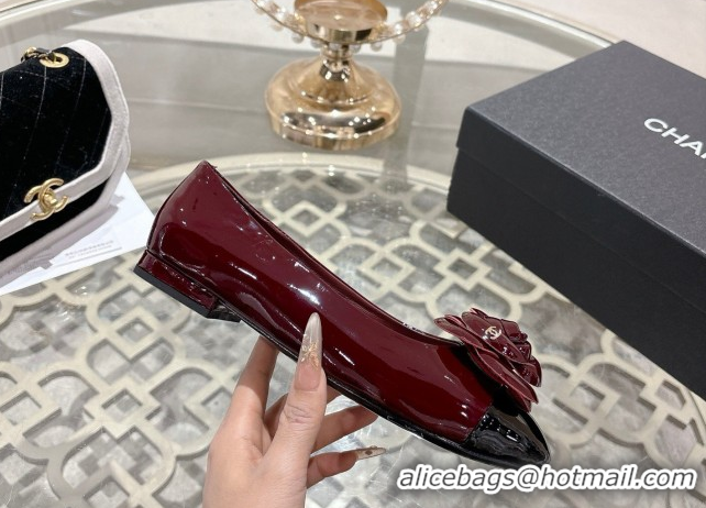 Unique Style Chanel Calfskin Patent Leather Ballet Flats with Camellia Bloom CH030704 Burgundy 2026