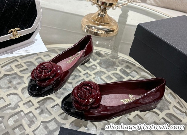 Unique Style Chanel Calfskin Patent Leather Ballet Flats with Camellia Bloom CH030704 Burgundy 2026