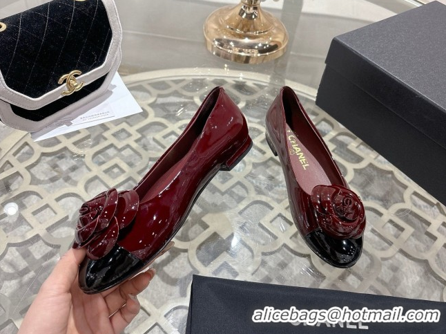 Unique Style Chanel Calfskin Patent Leather Ballet Flats with Camellia Bloom CH030704 Burgundy 2026