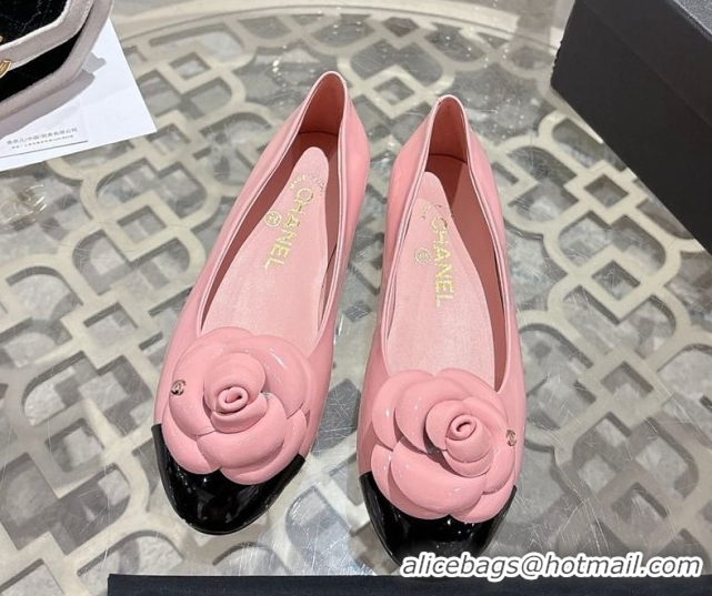 Top Design Chanel Calfskin Patent Leather Ballet Flats with Camellia Bloom CH030704 Pink 2026