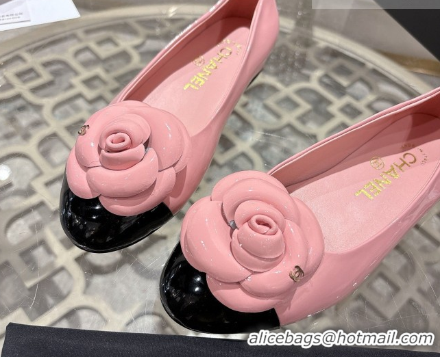 Top Design Chanel Calfskin Patent Leather Ballet Flats with Camellia Bloom CH030704 Pink 2026
