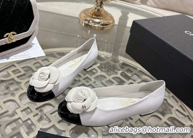 Best Product Chanel Calfskin Patent Leather Ballet Flats with Camellia Bloom CH030704 White 2026