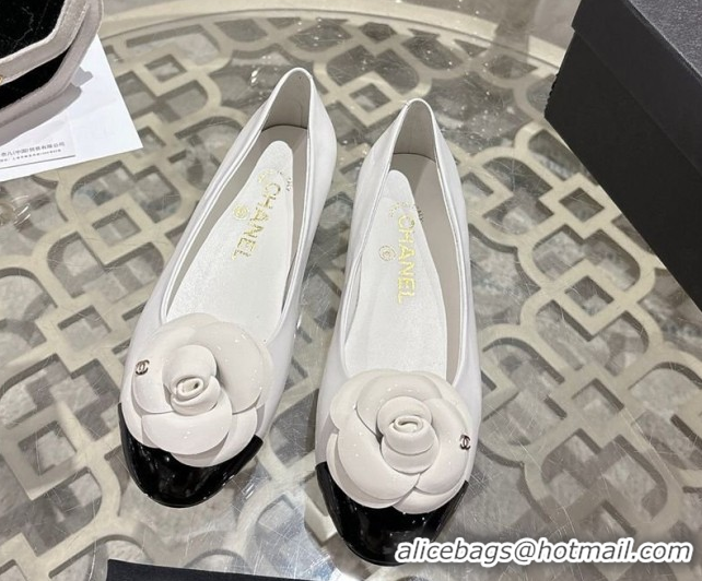 Best Product Chanel Calfskin Patent Leather Ballet Flats with Camellia Bloom CH030704 White 2026