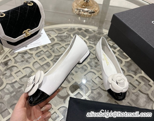 Best Product Chanel Calfskin Patent Leather Ballet Flats with Camellia Bloom CH030704 White 2026