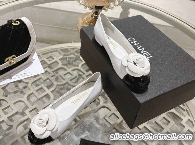 Best Product Chanel Calfskin Patent Leather Ballet Flats with Camellia Bloom CH030704 White 2026