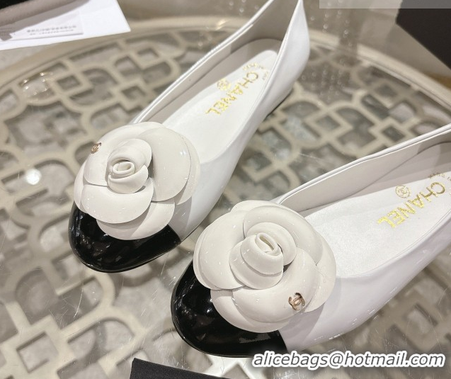Best Product Chanel Calfskin Patent Leather Ballet Flats with Camellia Bloom CH030704 White 2026