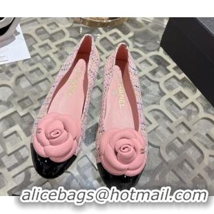 Top Grade Chanel Tweed & Patent Leather Ballet Flats with Camellia Bloom CH030704 Pink 2026