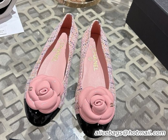 Top Grade Chanel Tweed & Patent Leather Ballet Flats with Camellia Bloom CH030704 Pink 2026