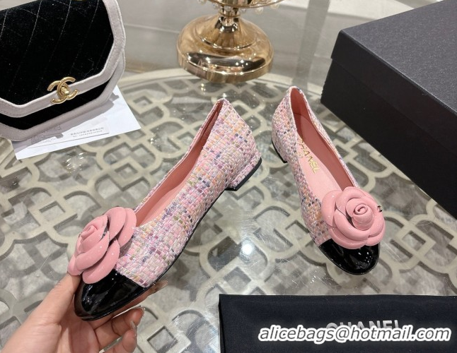 Top Grade Chanel Tweed & Patent Leather Ballet Flats with Camellia Bloom CH030704 Pink 2026