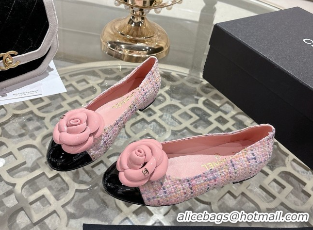 Top Grade Chanel Tweed & Patent Leather Ballet Flats with Camellia Bloom CH030704 Pink 2026