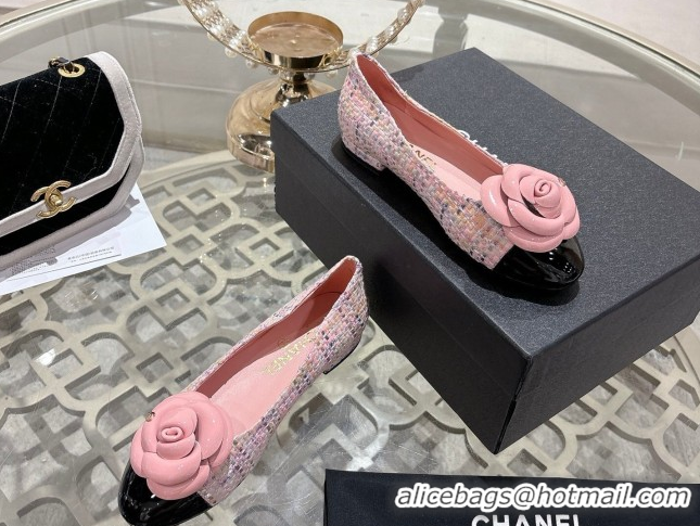 Top Grade Chanel Tweed & Patent Leather Ballet Flats with Camellia Bloom CH030704 Pink 2026