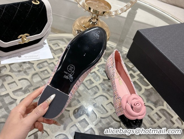 Top Grade Chanel Tweed & Patent Leather Ballet Flats with Camellia Bloom CH030704 Pink 2026