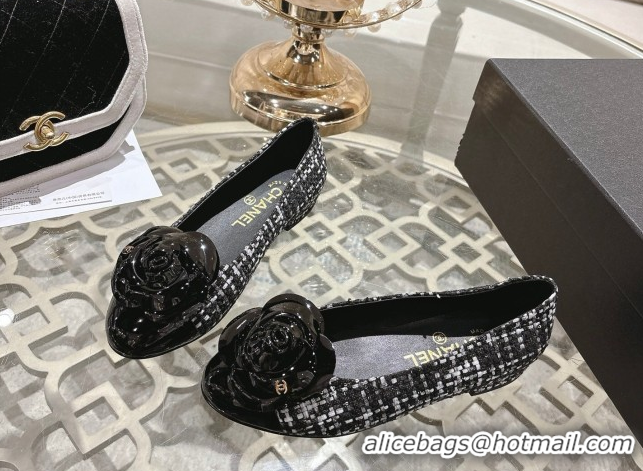 Purchase Chanel Tweed & Patent Leather Ballet Flats with Camellia Bloom CH030704 Black/White 2026
