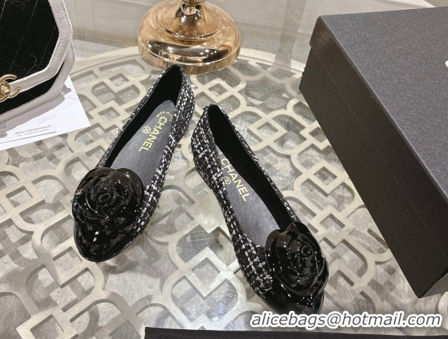 Purchase Chanel Tweed & Patent Leather Ballet Flats with Camellia Bloom CH030704 Black/White 2026