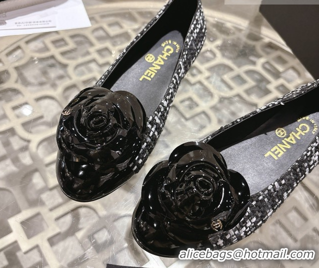 Purchase Chanel Tweed & Patent Leather Ballet Flats with Camellia Bloom CH030704 Black/White 2026
