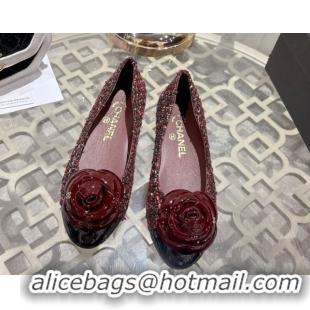 Stylish Chanel Tweed & Patent Leather Ballet Flats with Camellia Bloom CH030704 Burgundy 2026